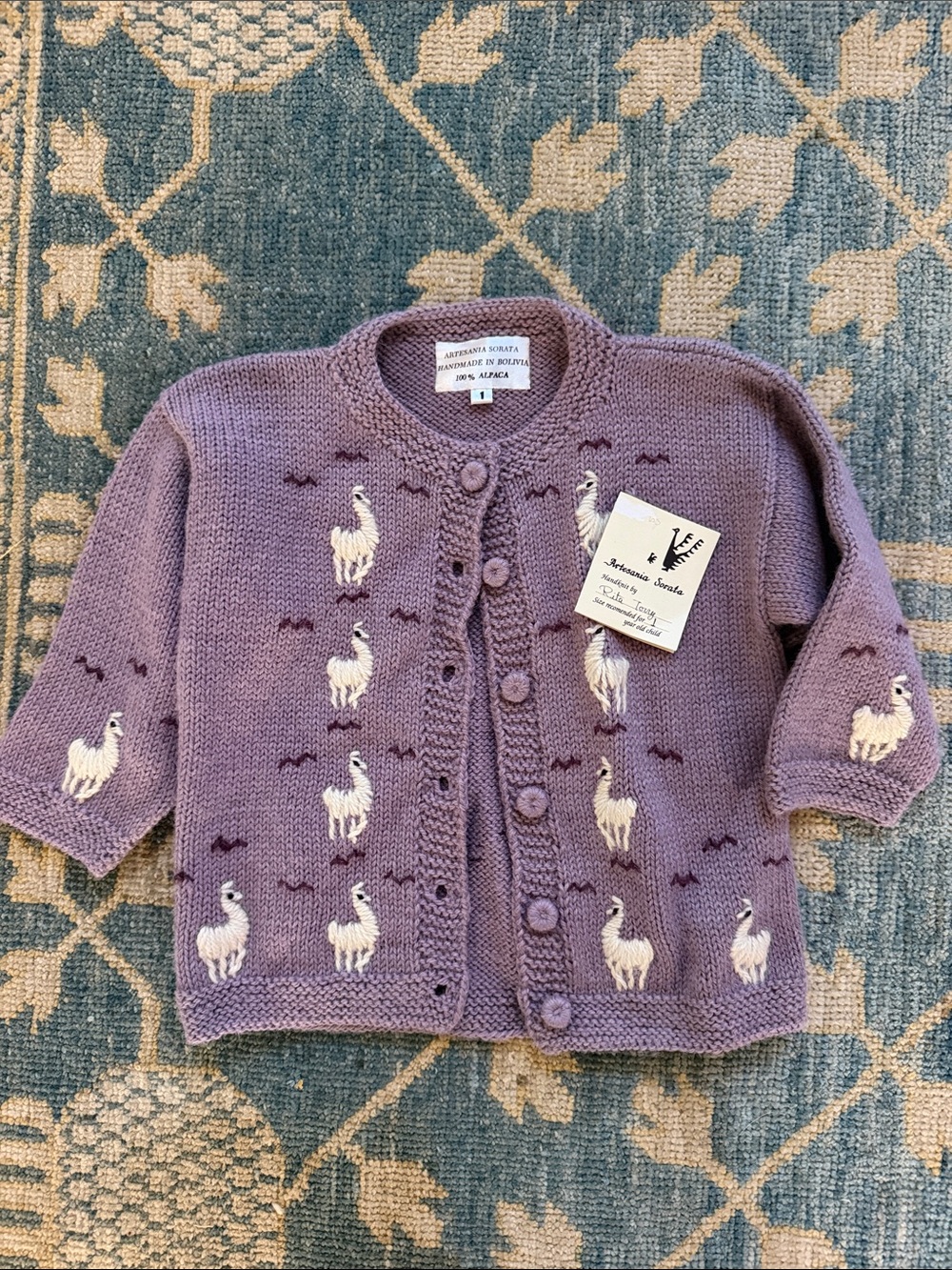 Lavender Alpaca Hand Knit  Kids Cardigan with Llama Motif